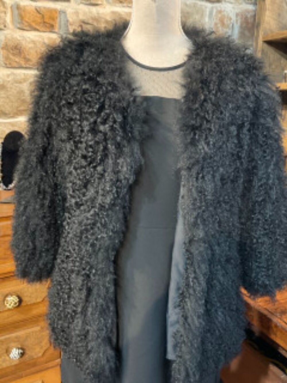 Real Black Mongolian Lamb Fur Jacket, Size S Genuine Vintage Fur